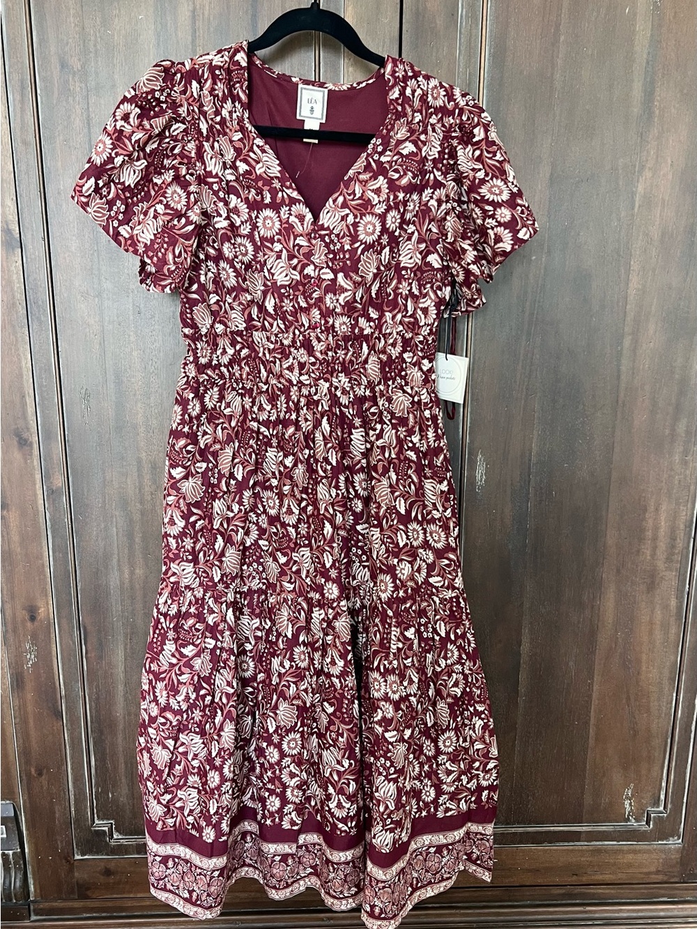 Burgundy Floral V-Neck Tiered Midi Dress